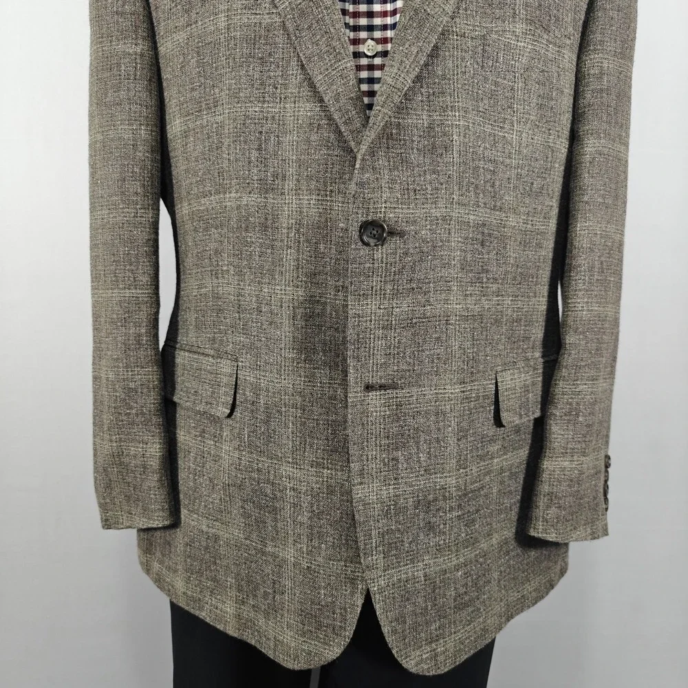JOS A BANK‎ Reserve Men's Sport Coat  Brown Plaid Wool Silk Linen E.THOMAS 46R